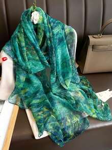 1 件油画印花女士雪纺围巾，时尚沙滩披肩