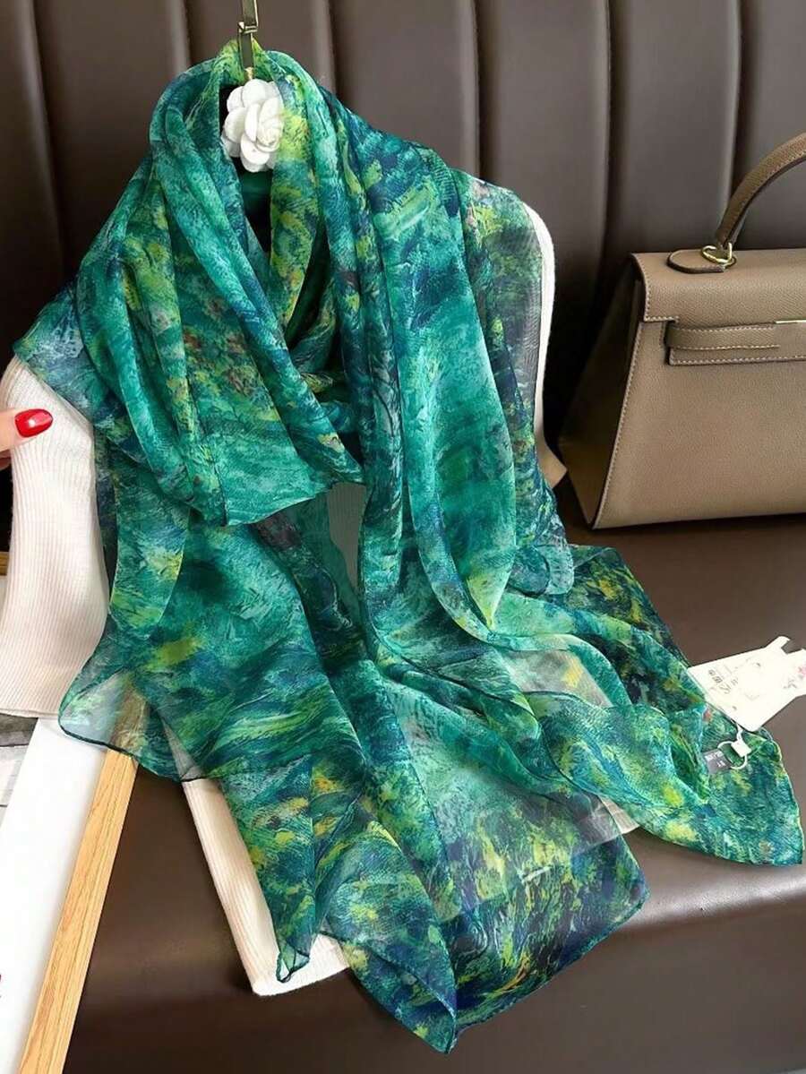1 件油画印花女士雪纺围巾，时尚沙滩披肩