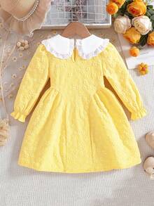 Váy bé gái năng động và đầy nắng, cổ Peter Pan xếp nếp đính hoa, váy trơn rộng, thích hợp mặc thường ngày, dự tiệc, mặc hàng ngày - Màu vàng - Xem 4