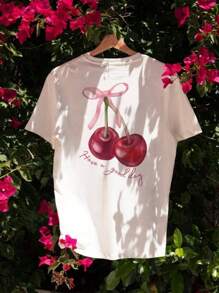 Women's Summer Letter Cherry Print Pattern Round Neck T-Shirt For Vacation Wear Graphic Tees Women White Top Black Top Pink Top Vacation Outfits Women