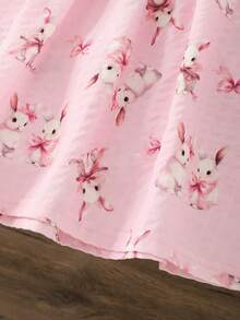 Vestido de verano casual y lindo para niñas bebés con estampado de conejo y lazo bordado de cuello redondo y manga corta - Rosa - Ver 7
