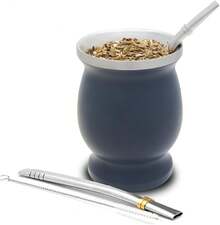 HF 8 Oz Stainless Steel Double-Wall Mate Cup And Bombilla Set - Yerba Mate Set Includes One Yerba Mate Cup, 2 Bombillas Mate (Straw) & Brush - Easy To Clean (Wood)