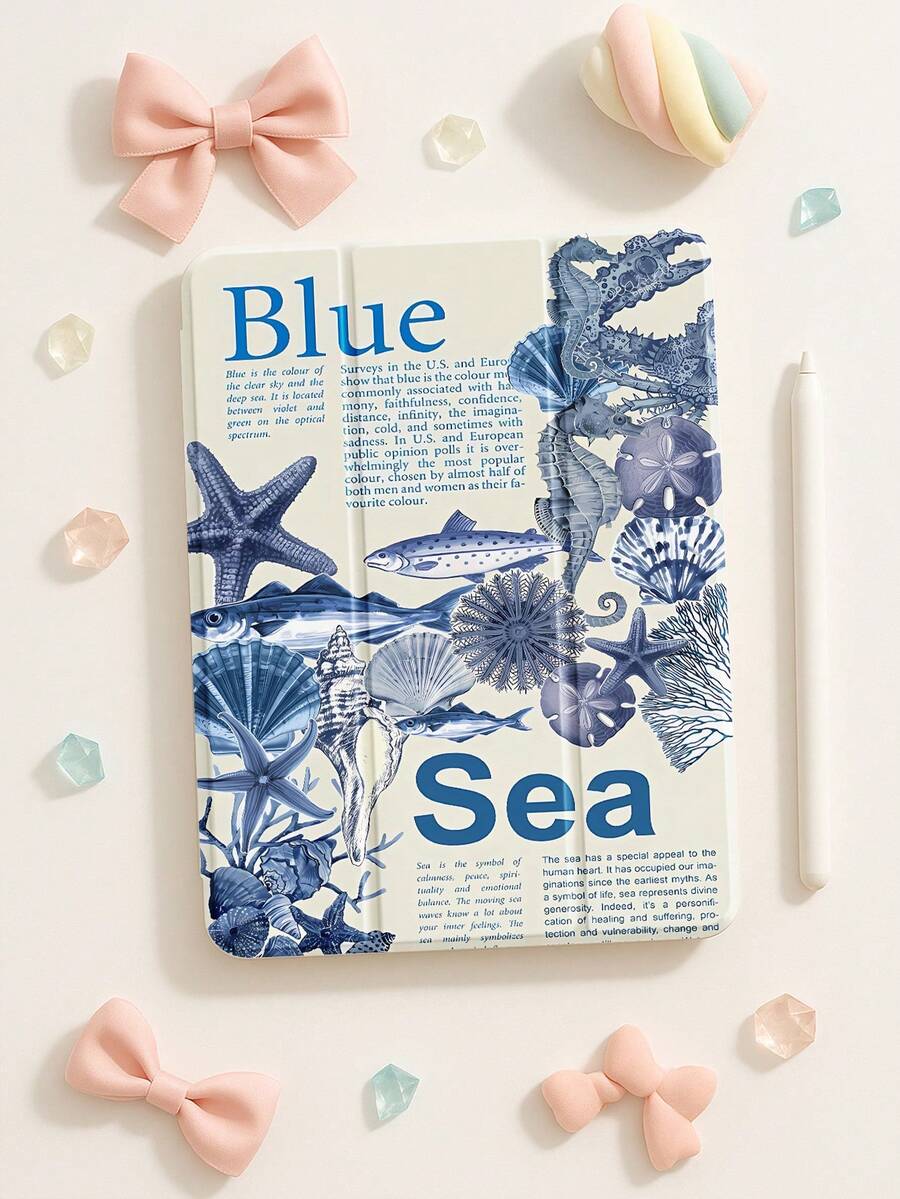 蓝色螃蟹图案，贝壳字母拼图风格，透明硅胶材质，带笔槽，减震设计，适用于三星Galaxy Tab A8 10.5英寸、S6 Lite 10.4英寸、S7/S8/S9英寸平板电脑。支持睡眠/唤醒功能，是节日送礼的理想之选。 - 彩色 - 查看 1