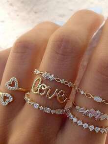 7pcs Set Full Crystal Heart Rings - 黃金 - 查看 4