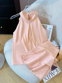 2 件套女士无袖露背短款上衣和荷叶边下摆迷你裙，优雅夏季套装