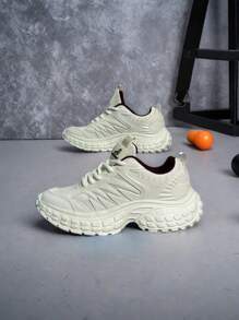 1 par de tenis gruesos y abultados para mujer, con empalme de malla, suave y ligero, color beige sólido, transpirable para uso casual diario y ejercicio, zapatos deportivos de moda