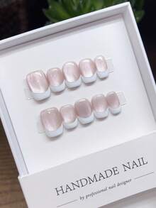 10 piezas de uñas postizas cuadradas cortas hechas a mano, con diseño de ojo de gato blanco pintado a mano, uñas postizas, suministros para uñas, uñas de verano, puntas de uñas postizas, uñas postizas hechas a mano, uñas postizas de primavera, uñas Y2K postizas, uñas postizas cortas, uñas postizas falsas