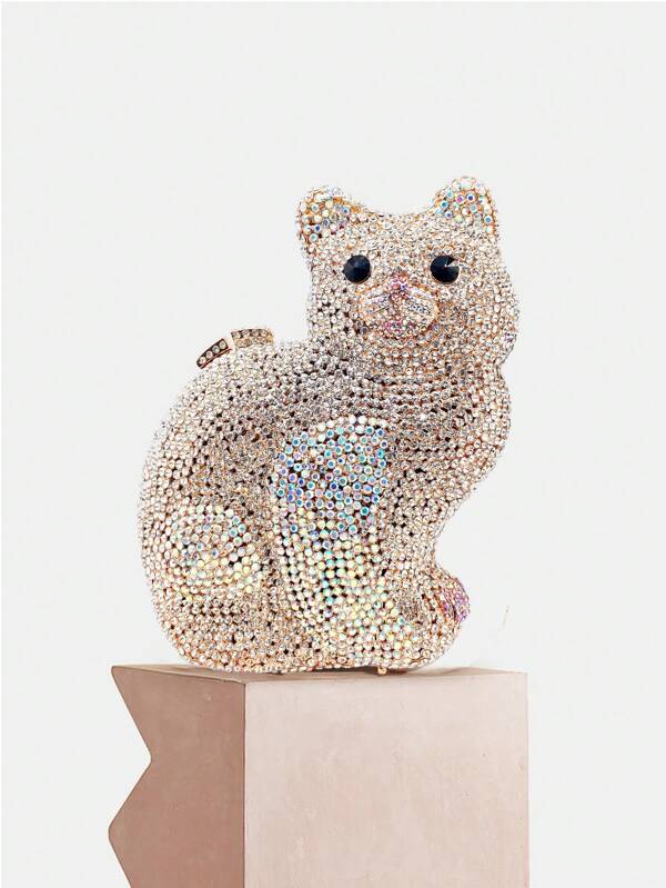 Glamorous,Elegant Super Cute Mini Metal Cat Shaped Purses All Handmade Crystal Clutches,Animal Pet Design Evening Bags,Luxurious Rhinestones Dinner Handbags,For Party&Prom/Wedding Bridle/ Dinner/Banquet, Best Gift For Women