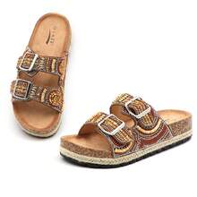 Sandalias planas para mujer con plantilla de corcho, punta abierta, correa ajustable, para caminar | Playa | Interior POWDER-03 - Marrón - Ver 1