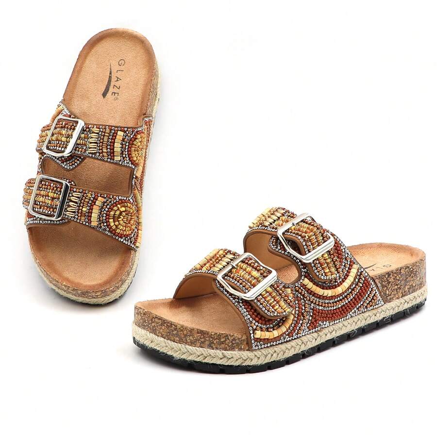 Sandalias planas para mujer con plantilla de corcho, punta abierta, correa ajustable, para caminar | Playa | Interior POWDER-03 - Marrón - Ver 1