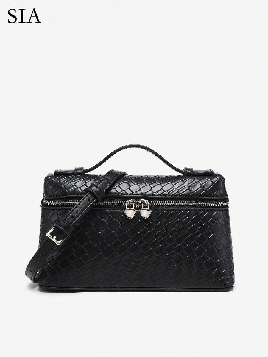 Borsa a mano retrò da donna in stile chic, in pelle intrecciata metallica gialla, adatta per lavoro, feste, vacanze, con tracolla regolabile - nero - Visualizzare 1