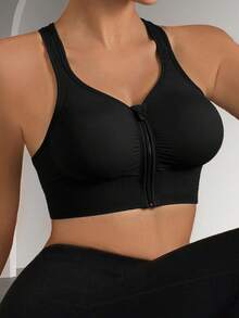 Women's Sports Front-Zip Bras Bralette Bra Underwear Tank Top Racerback Wireless Intimates Gathered Criss Cross Back Front Closure Training Yoga Gym Removable Pad Workout Lingerie Casual Athletic Were Exercise Cycling Tennis Solid Color Comfortable Sexy Fashionable Activewear - Black - View 3