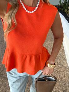 FOR BEAUTY 女士春夏针织无袖上衣，休闲简约风格，纯色设计，荷叶边下摆，修身显瘦，适合通勤、约会、度假、休闲等场合。 - 橘色 - 查看 3