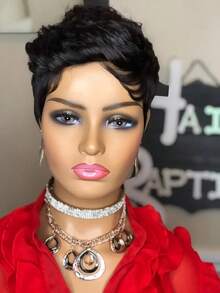 无胶短鲍勃精灵短发假发 - 真人发玫瑰网帽自然黑色，短发假发真人发精灵短发假发适合女性，无胶短鲍勃带刘海，万圣节，化装舞会全机器制造，玫瑰帽，中性风格适合作为女性礼物真人发精灵短发假发适合，中性风格适合个体适合所有种族，女士精灵短发假发