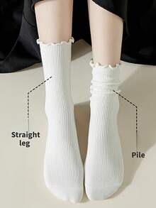 10 双女士褶边中筒袜，薄款夏季袜子，黑白，秋季长袜，乐福鞋，时尚。 - 黑色 - 查看 4