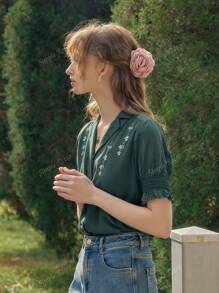 Simple Retro Blusa de verano con estilo retro elegante con botones encontrados, bordados y mangas cortas, para mujer, ideal para uso casual o de vacaciones durante la primavera y el verano
