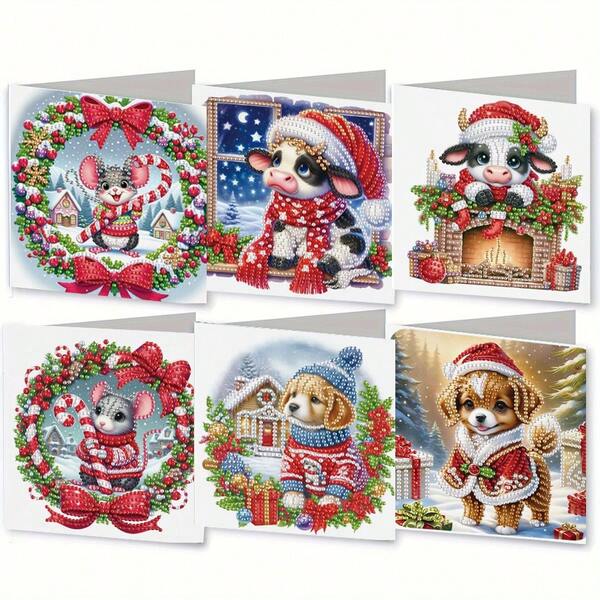 Kit com 6 cartões de felicitações com pintura de diamante para o Natal - Designs exclusivos para o feriado com bonecos de neve, Papai Noel e votos de felicidades | Perfeito para família, amigos e idosos | Artesanato artesanal faça você mesmo | 11,81 x 5,91 polegadas