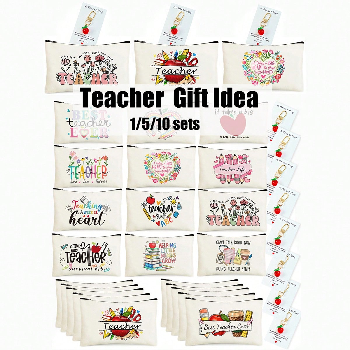 1/5/10pcs Teacher Theme Pattern Zipper Pouch Set With Hug Card & Apple Keychain, Floral, Star, Heart Pattern Stationery Cosmetic Makeup Bag, Multifunctional Pencil Case Travel Toiletry Organizer Gift Set With Thank You Card & Apple Decor Keychain, Rainbow Letter Teacher Theme Design Cosmetic Makeup Bag Travel Essentials For Vacation Summer Holiday Back To School School Stuff Bag For School Travel Bag For Women Makeup Bag For Travel Make Up Bag