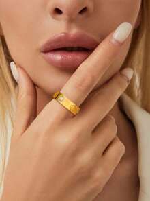 1pc Luxury Stainless Steel Lucky Clover Couple Ring, Sparkling Crystal Embellished, Fine Jewelry For Lovers Everyday Wear - Vàng - Xem 3