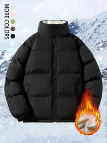 Manteau d'hiver casual pour hommes, doublé thermique matelassé, fermeture éclair avant, doublure en peluche, capuche amovible, tissu épais, manteau à manches longues pour l'hiver - Noir - Voir 2