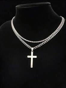 2pcs Set Men's Rhinestone Accent Cuban Twist Rope Chain Necklace With Cross Pendant, Fashion Versatile Accessory, Suitable For Men & Women, New Year, Valentine's Day Gift - Nhiều màu - Xem 4