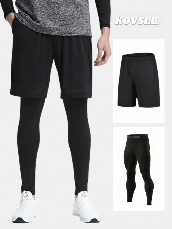 KOVSEE 2PCS Men High Stretch SportswearSet-Flexible Leggings & LooseShorts For Breathable Comfort In Running,Cycling,Basketball &Fitness Training -Al-SeasonAthletic Apparel For Gym Workout