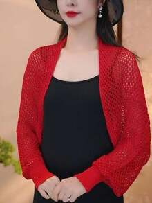 1pc Summer Chiffon Shawl, Fashionable Cardigan, Suitable For Cheongsam Or Dress, Korean Style Mesh Sleeve Design, Sun Protection Coverage,Holiday,Travel Essential - Beige - View 8