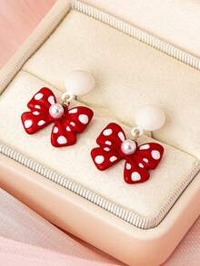 1 Pair Fashionable Red Polka Dot Multi-Color Bow Unique Design Earrings, Suitable For Commuting, Party, Jewelry - Multicolor - View 3