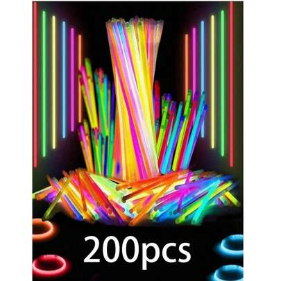 200支装多色荧光棒，派对装饰，夜光8-12小时，可作派对礼品、手链、项链等，霓虹灯效果，婚礼派对荧光棒