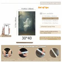 1 件秋千帆布海报 - 可怕的万圣节墙壁艺术与可爱的幽灵，带框卡通风格装饰，适合客厅、卧室或家庭办公室，室内使用，非常适合儿童房或浴室，万圣节装饰