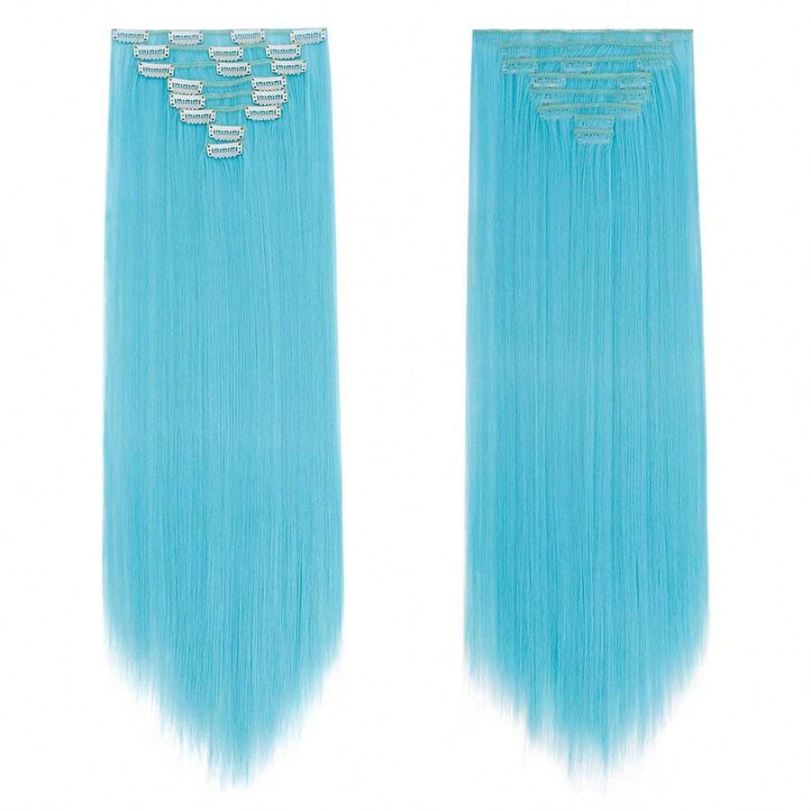 8Pieces/Set Clip In Hair Extensions Long Straight 26inch/66cm Thick Synthetic Hair Piece Silk Fiber Double Weft Heat Resistant Natural 8Pcs Hairpieces Highlight Mix Pure Colors For Women Daily Party Festival Halloween Christmas - Light Blue - 查看 1