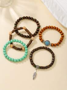 5pcs/6pcs Set Vintage Bohemian Wooden Bead, CCB, Zinc Alloy, Resin Leaf, Turtle, Infinity Symbol Elements Handmade Braided Bracelet Set Suitable For Men And Women, Daily, Beach, Holiday Wear