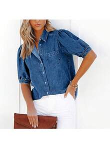 女士藏蓝色泡泡袖牛仔衬衫 - 灯笼袖时尚休闲牛仔衬衫，牛仔上衣 - 深色水洗藍 - 查看 4