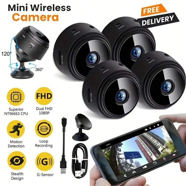 Caméra de sécurité sans fil WiFi - Alimentée par USB/Batterie, Surveillance portable intérieure/extérieure pour la maison, le bureau, la voiture et la surveillance des animaux de compagnie, Détection de mouvement, Vision nocturne, Compatible avec application iOS/Android, Design rouge et noir