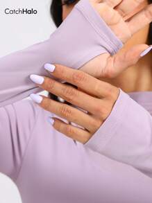 Catch Halo Mesh Panel Built In Bra 4-Way Stretch Knitted Fabric Women's Long Sleeve Workout Top - Cut Out & High Neck & Thumb Hole & Gathered Waist Sports Top | Slim Fit Yoga Tee | Breathable Comfortable Atheleisure Workout Tee For Yoga Pilate Gym Cycling Running (Orchid Haze, S~XL)