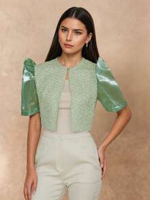 Ladies Spring/Summer Floral Puff Sleeve Cropped Cardigan Top Terno - Green - View 1