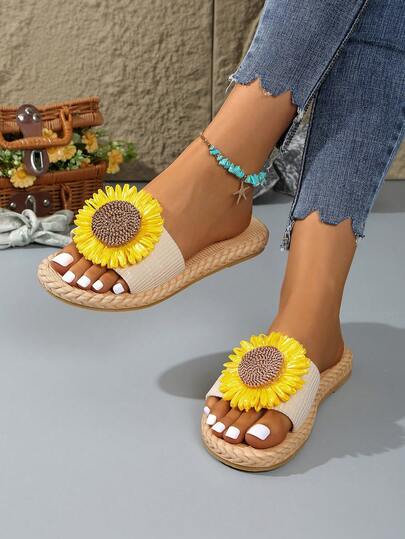 Damskie letnie nowe, swobodne, płaskie, żółte, słonecznikowe klapki plażowe, paski na zewnątrz, klapki na wakacje
