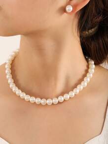 Set de 3 piezas de aretes y collar minimalista con perlas falsas