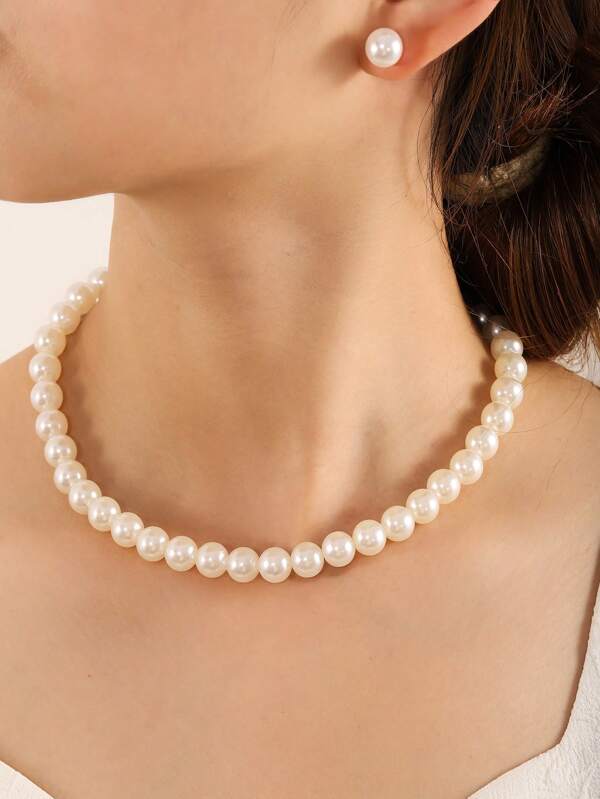 Set de 3 piezas de aretes y collar minimalista con perlas falsas