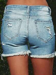 Women's Fashionable Distressed Fray Edge Elastic Denim Shorts, Summer Casual Vacation - Baby Blue - View 2
