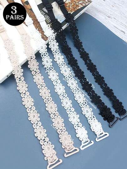 3 对女士雏菊花隐形胸罩肩带，弹性肤色/黑色/白色性感内衣配饰