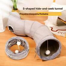 可折叠 S 形猫隧道，适合室内猫和小猫，包括悬挂球和窥视孔，大型可折叠游戏洞穴玩具，也适合兔子、雪貂、小型犬和其他小型宠物