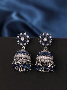 1 对奢华 Jhumka 耳环，优雅的铜锆石水晶花朵设计吊坠耳环，时尚创意风铃轻质耳环适合女性日常、节日、婚礼和派对佩戴/珠宝礼物 - 多色 - 查看 5