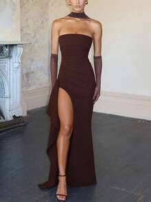 Elisanya 露背露肩紧身开衩连衣裙（配腰带） - 棕色 - 查看 11