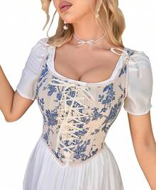 Womens Vintage 1920s Renaissance Lace Trim Corset Bustier, Retro Fashion - 藍白色 - 查看 1