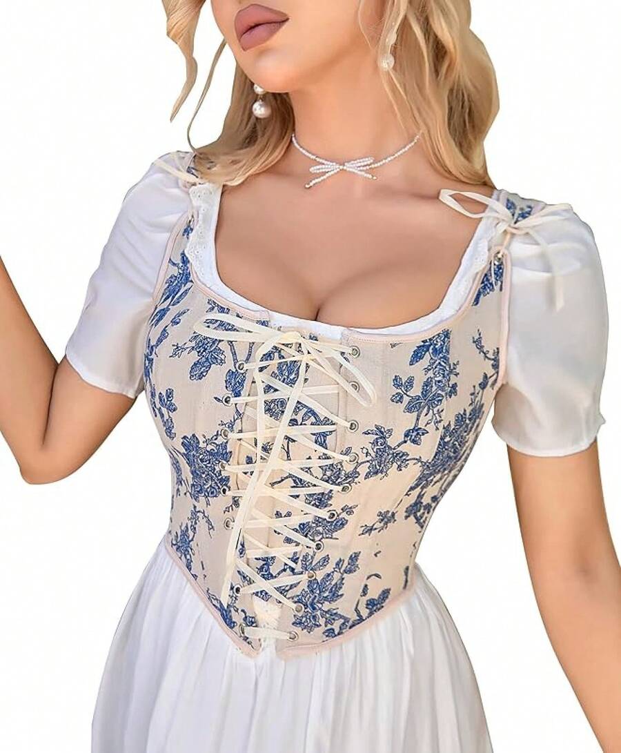 Womens Vintage 1920s Renaissance Lace Trim Corset Bustier, Retro Fashion - 藍白色 - 查看 1