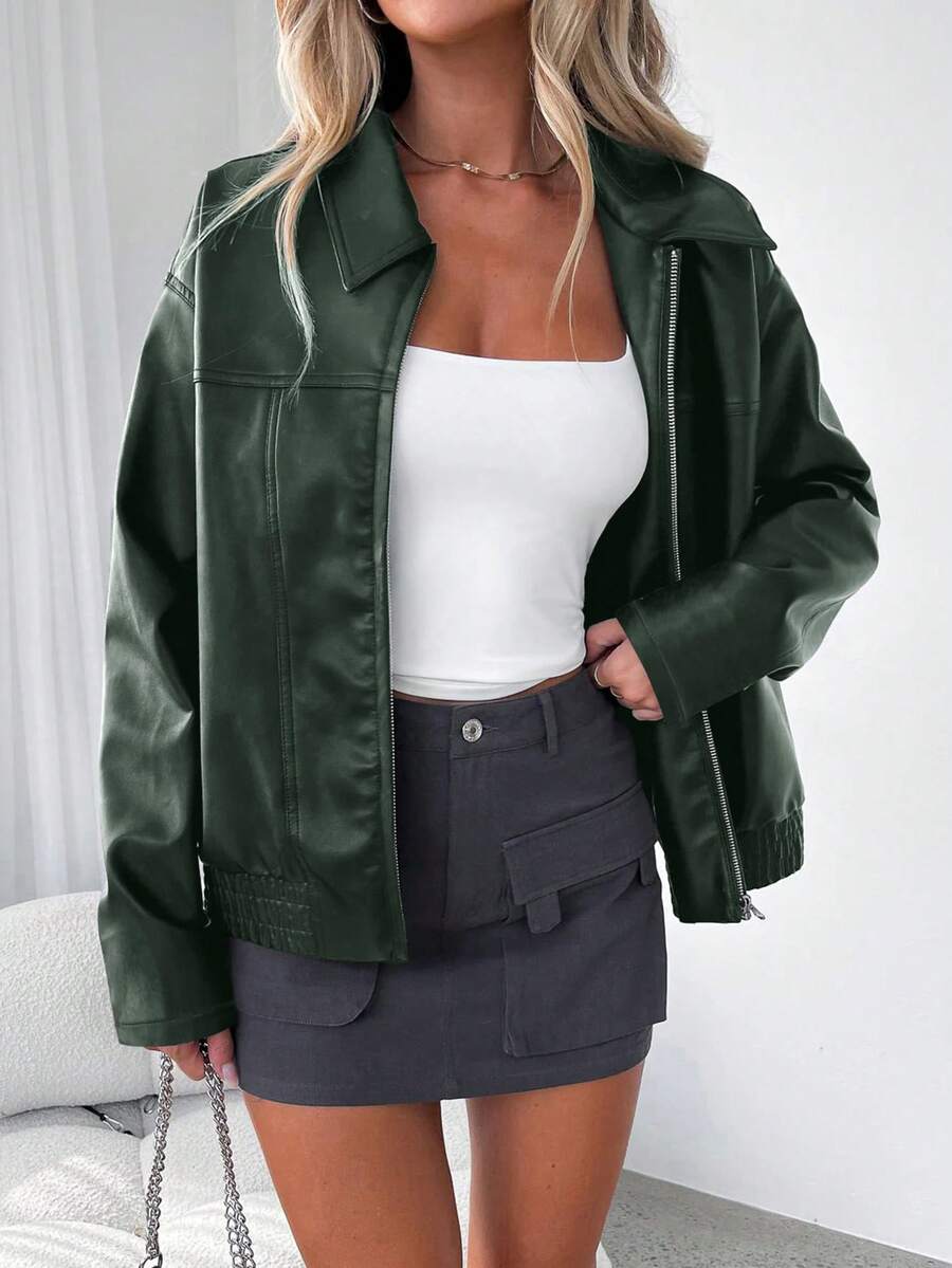 女士休闲宽松拉链 PU 夹克，秋冬外套，女士日常穿着，非常适合返校 - 墨綠色 - 查看 1