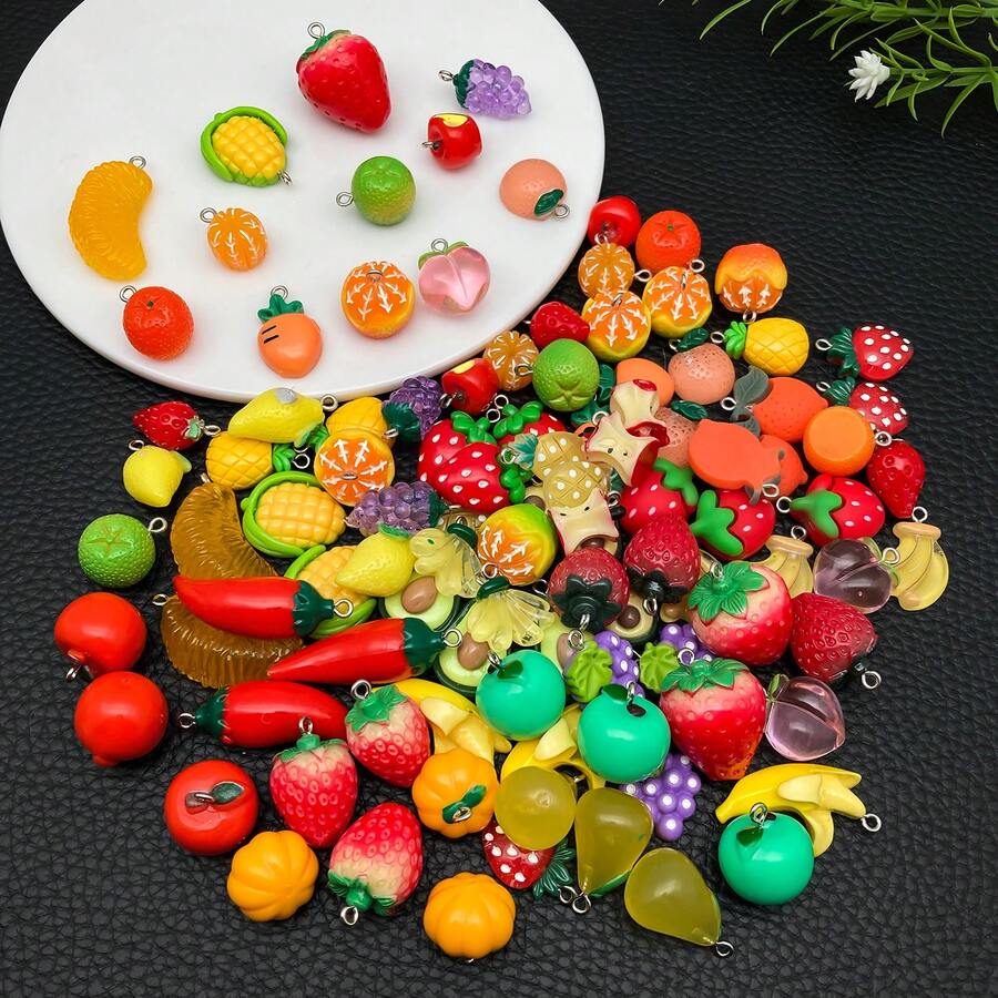 10/20/30pcs Random Mix Resin Fruit Pendants, Cute Fruit Pendant Banana Strawberry Peach Charms For DIY Necklace Bracelet Earrings Jewelry Making