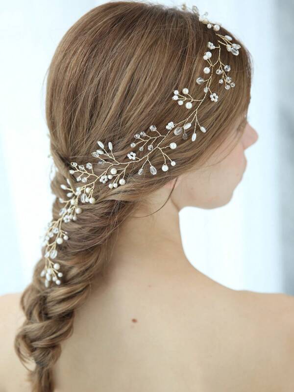 1pc Faux Pearl Crystal Beaded Long Hair Vine, Versatile Hair Accessory Suitable For Wedding, Daily, Party, Graduation