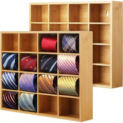 Tie Rack Wall Mounted Tie Box Organizer With 16 Compartments Bamboo Belt Holder For Men Scarf Necktie Home Wall Closet Wood Color2 Pieces